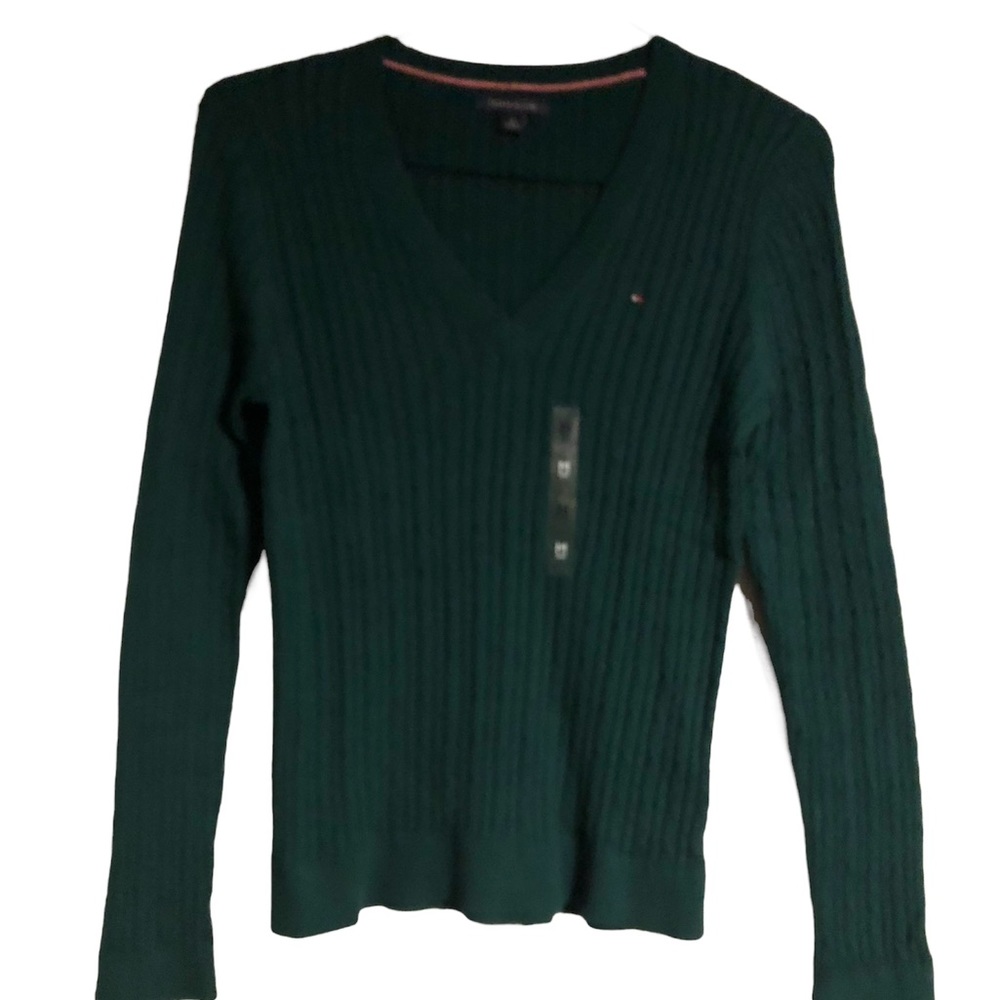 Not for sale. Tommy Hilfiger solid V-Neck green women sweater.